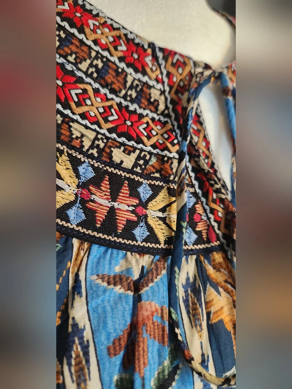 Farm Rio Blue Embroidered Tapestry Puff Sleeve Blouse